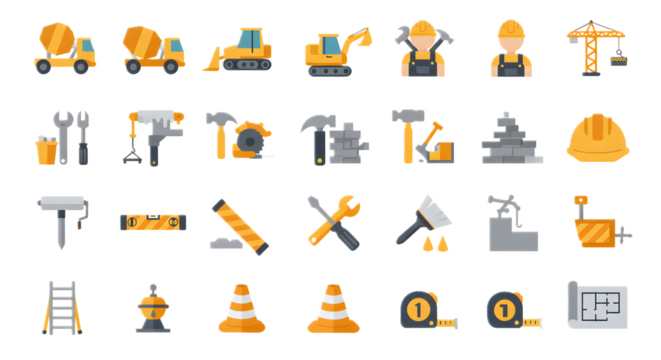 Construction Equipment and Tools Set in Orange and Gray Style for Building Projects