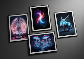 Fototapeta premium AI art gallery wall mockup showcasing future creative innovation. Mood Board Displaying a Curated Collage of Four Hyper-Detailed AI-Generated Images in Minimalist Black Frames on a Dark-Grey Surface