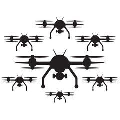 A swarm of black quadcopter drones arranged in a circular formation against a clean white background