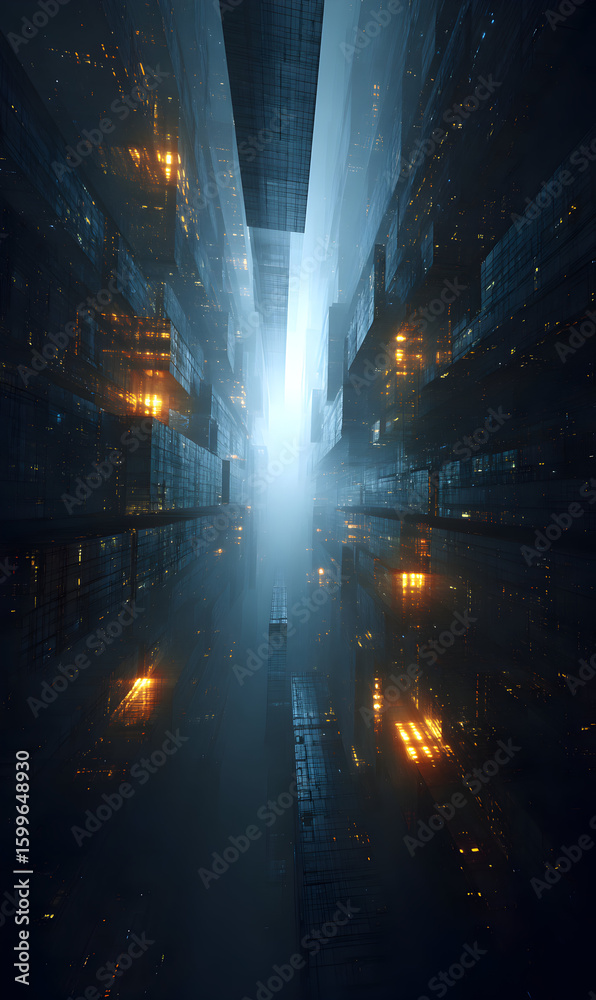 Wall mural futuristic cityscape with radiant light streaming through towering structures creating an atmosphere