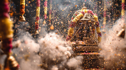Nandotsav: Realistic photo of Krishna cradle being rocked by devotees, surrounded by garlands, bells, and incense smoke, early morning pooja scene,