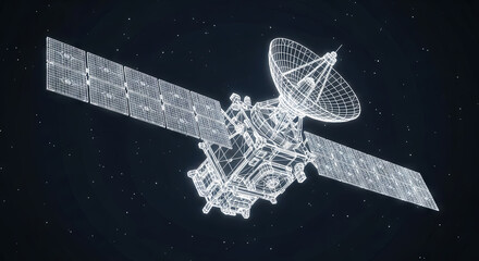 Detailed 3D wireframe satellite in orbit with visible structural and communication elements.