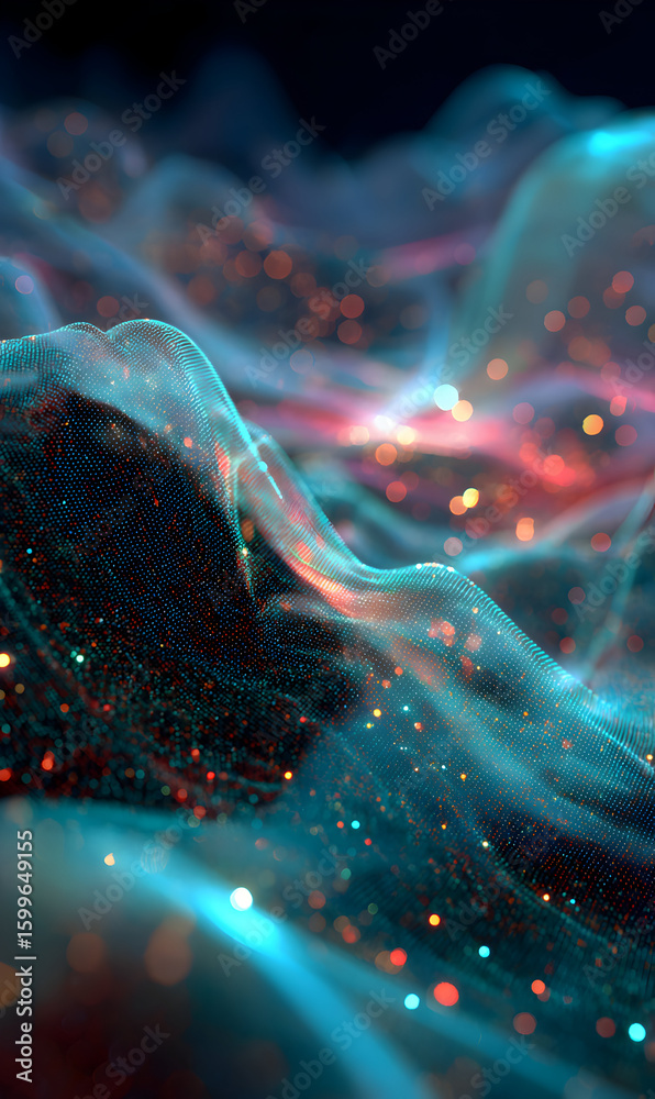 Poster abstract fractal design of flowing ethereal energy waves with glowing particles creating a mystical 