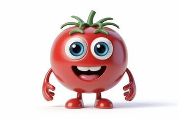 A cheerful cartoon tomato character with big blue eyes and a wide smile stands on a white background