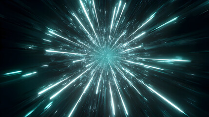 Abstract cyan light streaks emanating from central point in dark space