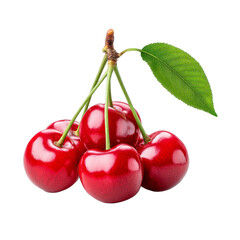 Fresh ripe cherries with green leaves, vibrant red fruits for healthy snacks, perfect for summer desserts or smoothies. Isolated on white background or PNG