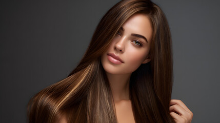 Fototapeta premium Haircare and beauty concept with smooth and healthy brunette hairstyle Professional hair model with glossy straight hair against neutral backdrop Elegant beauty portrait of woman with salon-treated 