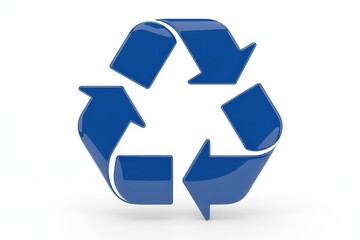 Glossy blue recycling symbol with a 3d effect on a white background