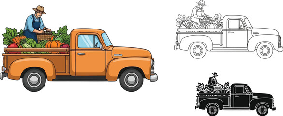 Old truck with farmer and vegetables vector illustration farm fresh produce harvest season vintage style 1950s editable