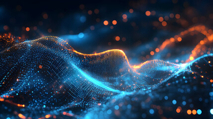 Abstract data landscape with blue and orange glowing particles on dark background