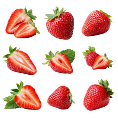 Fresh strawberries arranged artistically, vibrant red ripe strawberries with green leaves, perfect for a food-related design. Isolated on white background or PNG