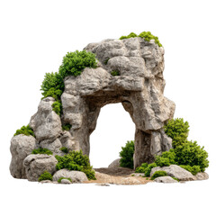 Natural stone archway, rugged rock formation adorned with vibrant green moss, ideal for garden design or landscaping projects. Isolated on white background or PNG