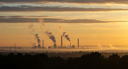 Industrial Power Plant Silhouetted Against a Golden Sunrise Sky