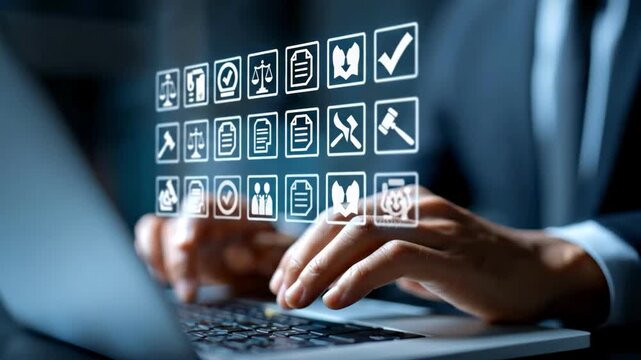 Digital Interface in Law: A lawyer in a suit interfaces with the legal system and data, showing the modern era of legal tech and data management through a close-up, digitally-rendered.
