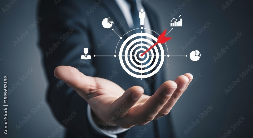 Poster a hand holding a target with a red arrow and business icons floating above it on a dark background