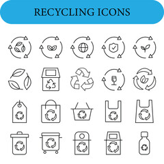 recycling Vector Icon Set. Included are circular arrows, leaves, a globe, a check mark, and a wine glass, representing different aspects of recycling and eco-friendliness. 