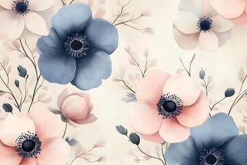 Watercolor Floral Arrangement Featuring Pink and Blue Anemone Flowers on a Soft Cream Background