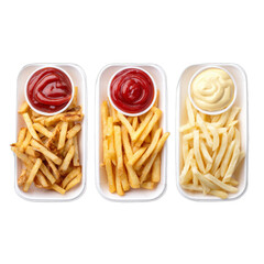 Delicious packaged fries with dipping sauces, crispy golden fries in individual containers, perfect for snacking or sharing. Isolated on white background or PNG