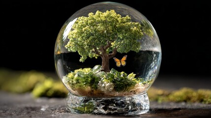 Tree and Butterfly Inside a Glass Globe Miniature Nature Scene