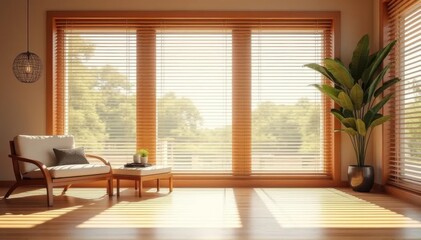 Fototapeta premium Bright sunlit room with large window wooden blinds and green plant