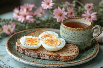 Cup of tea and eggs on a plate