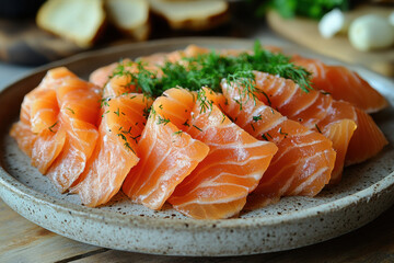 Plate of smoked salmon on wooden table.