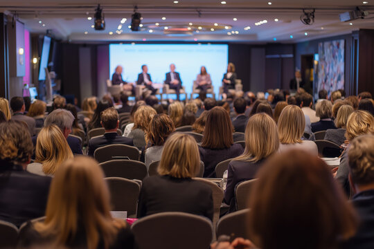 Business conference audience listening to panel discussion in modern conference room