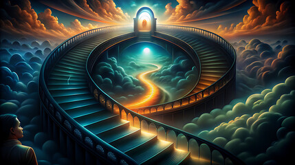 Celestial Staircase Spiraling Through Cloudscape Towards Glowing Archway Man Observing