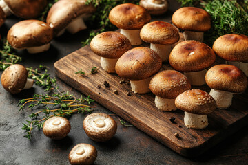 Sliced mushrooms on cutting board with thyme.