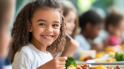 Smiling girl with curly hair holding a fork with broccoli at a school lunch table with classmates