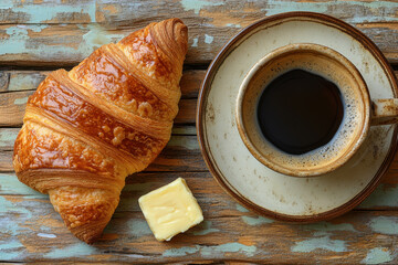 A cup of coffee next to a croissant on a plate.