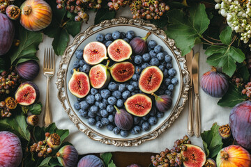 Plate of fruit next to blueberries, vibrant colors and delicious variety, appetizing display.
