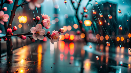 Pink Blossom Branches Rain City Night Lights Bokeh Background pink flowers