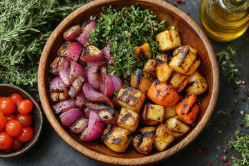 Roasted potatoes, onions, and tomatoes in a bowl.