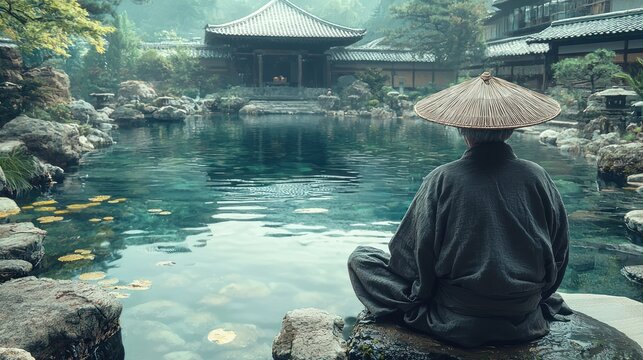 Serene Monk by the Tranquil Pond in a Japanese Temple Garden