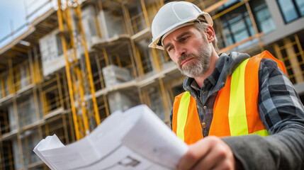 “Construction worker, safety vest, hard hat, blueprint, building site, focused expression”