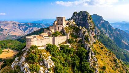 Obraz premium Aerial view of a mountaintop castle