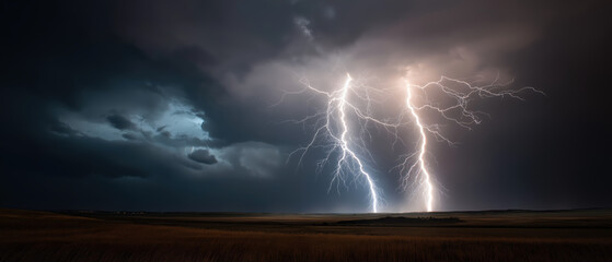 Lightning, storm, night, sky, landscape, dramatic bolts illuminate dark clouds over open field