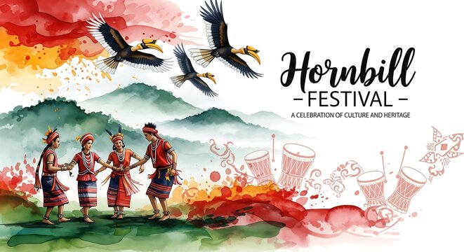 Vibrant hornbill festival celebration with indigenous people and flying birds amidst scenic mountains