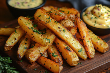 Fries on wooden board with dips bowl.