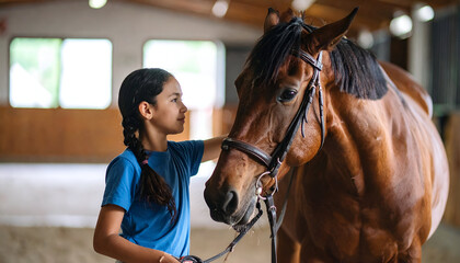 Girl bonding with brown horse in stable.