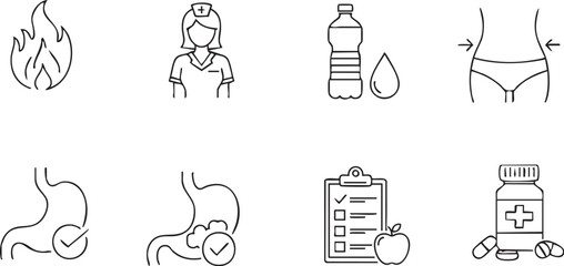 Collection of simplified line art icons representing human anatomy health and fitness concepts for medical and wellness themes