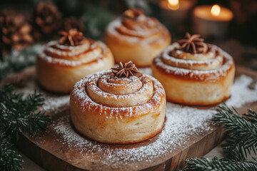 cinnamon buns on a wooden board with a distant candle light.