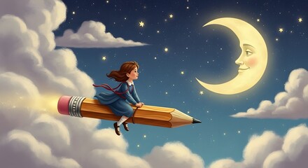 A whimsical illustration of a young girl riding a giant pencil on a magical journey through the night sky, flying towards a friendly, smiling moon