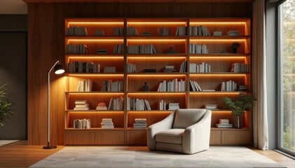 Obraz premium Elegant home library with extensive illuminated bookshelves and armchair