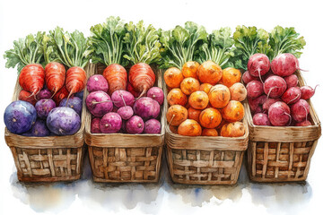 Vegetables in baskets in a watercolor painting.