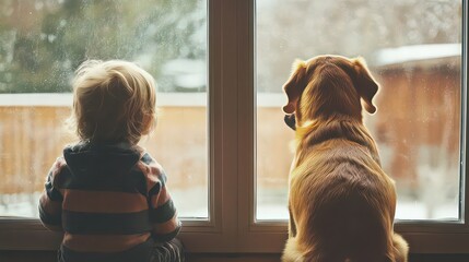 A child and a dog looking out a window on a rainy day with their backs to the viewer indoors