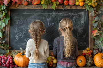 girls standing in front of a chalkboard with fall leaves and pumpkins.