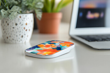 Wireless Charging Pad with Floral Smartphone on White Desk

