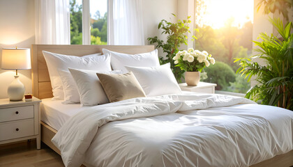Sunny Bedroom with White Bedding, and Plants.